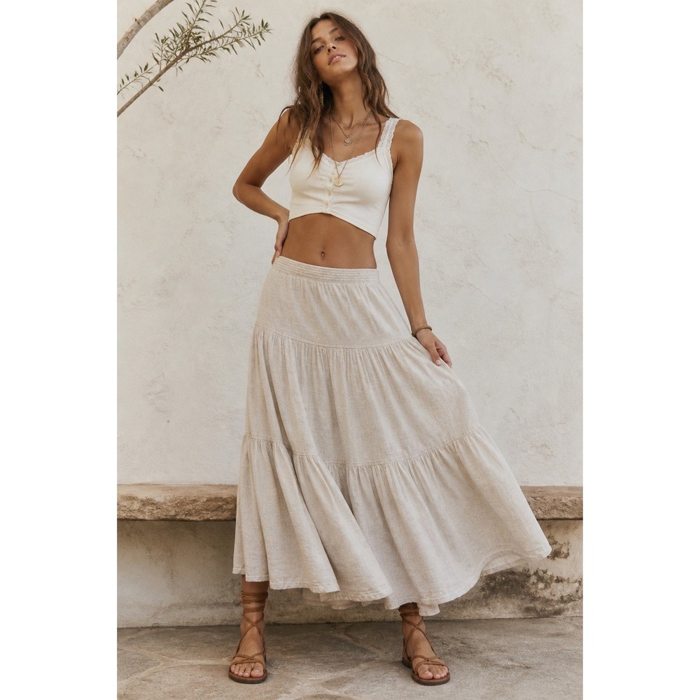 Vintage Coldwater Creek Prairie Skirt Petite L Beige Tiered Boho Cottagecore USA